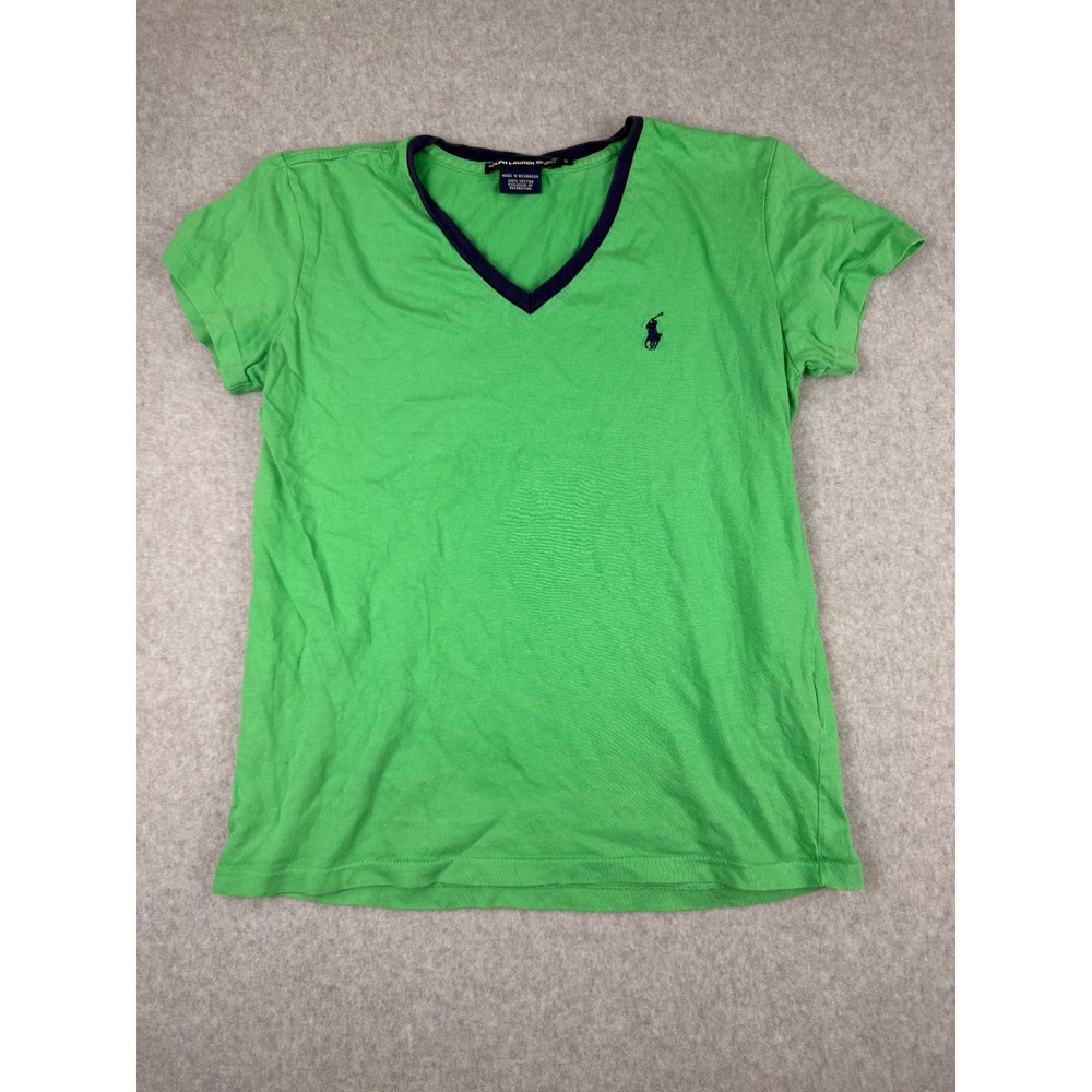 Ralph Lauren Sport Womens Y2K Green V-Neck T-Shirt Navy Pony Preppy Size S